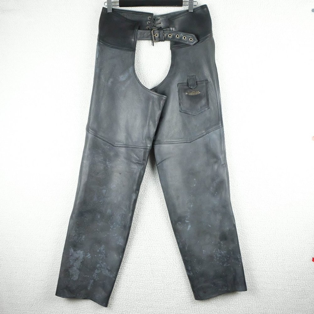 Joe Rocket Leather Chaps Mens Medium Black Pants Open Back Moto Biker Vintage
